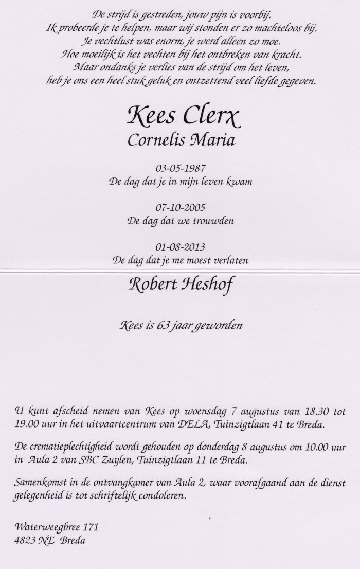 Rouwbrijf bij het overlijden van Kees Clerx, de alom geliefde beheerder van De Koe in Princenhage, dorp in Breda. (Kees Koei)