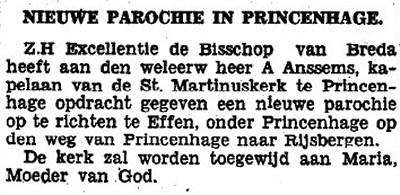 In 1937 verscheen dit bericht in de kranten. In 1939 was het zover en werd de kerk en de bijbehorende school ingewijd.